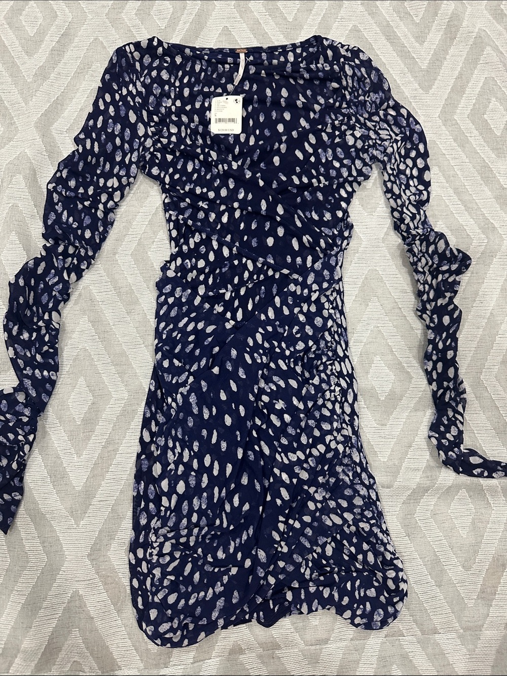 Free People Navy Blue Printed Long-Sleeve Ruched Dress